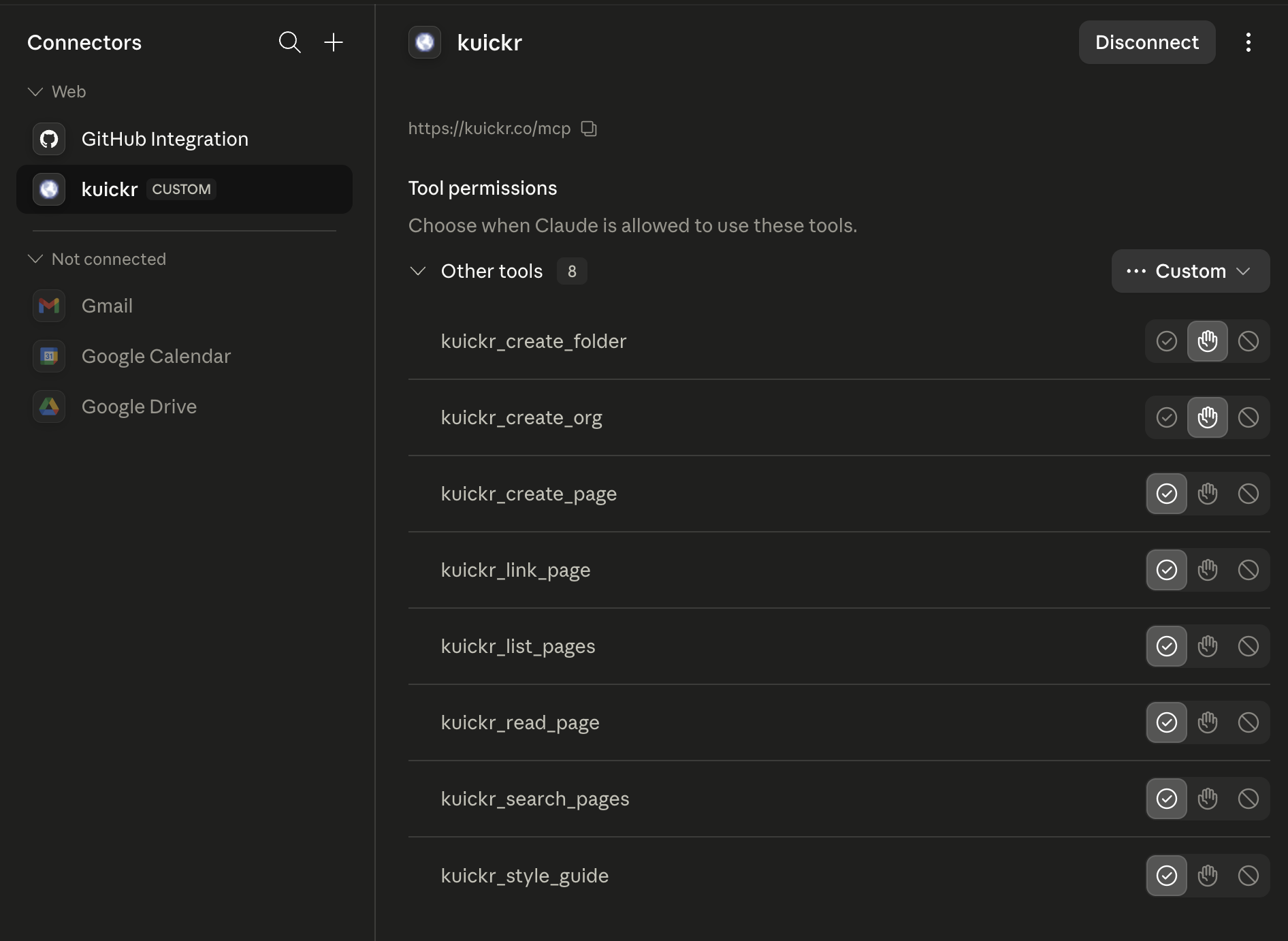 Connected kuickr connector showing its tools with per-tool allow/ask permission toggles